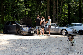Eine Gruppe von Leuten mit einem Hund stehen vor einem Civic und einem Prelude